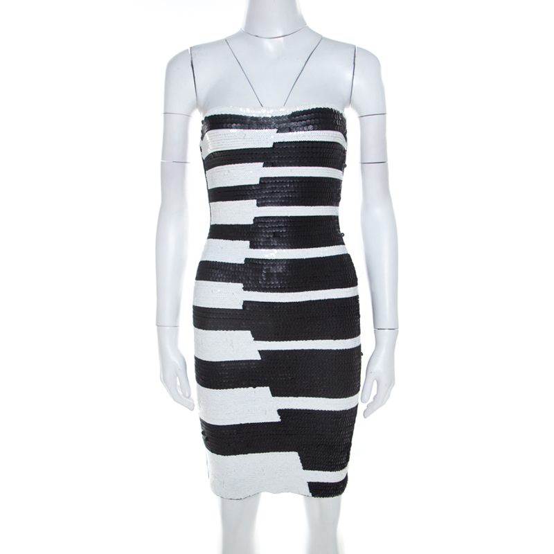 Herve leger herv&eacute; leger black and white sequined piano strapless cocktail dress xs