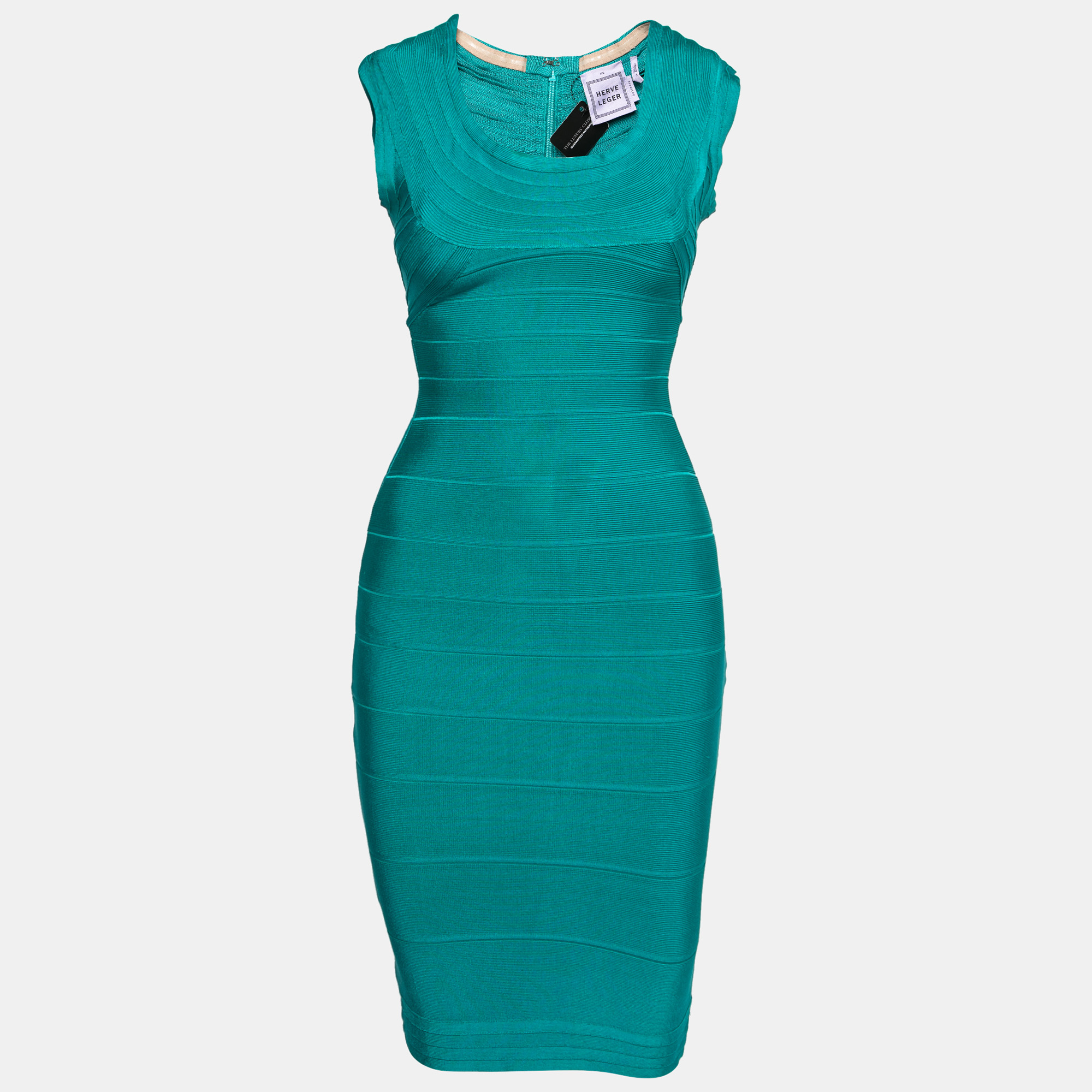 Herve leger jade green sleeveless scoop neck bandage dress xs