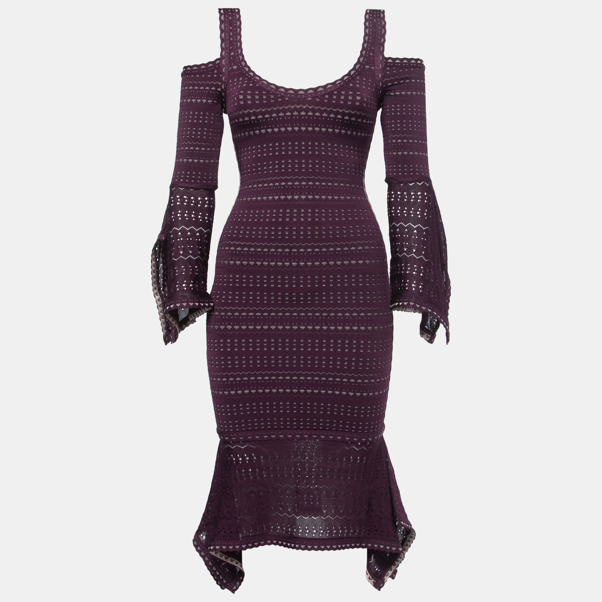 Herve Leger Purple Perforated Knit Cold Shoulder Bodycon Dress XXS