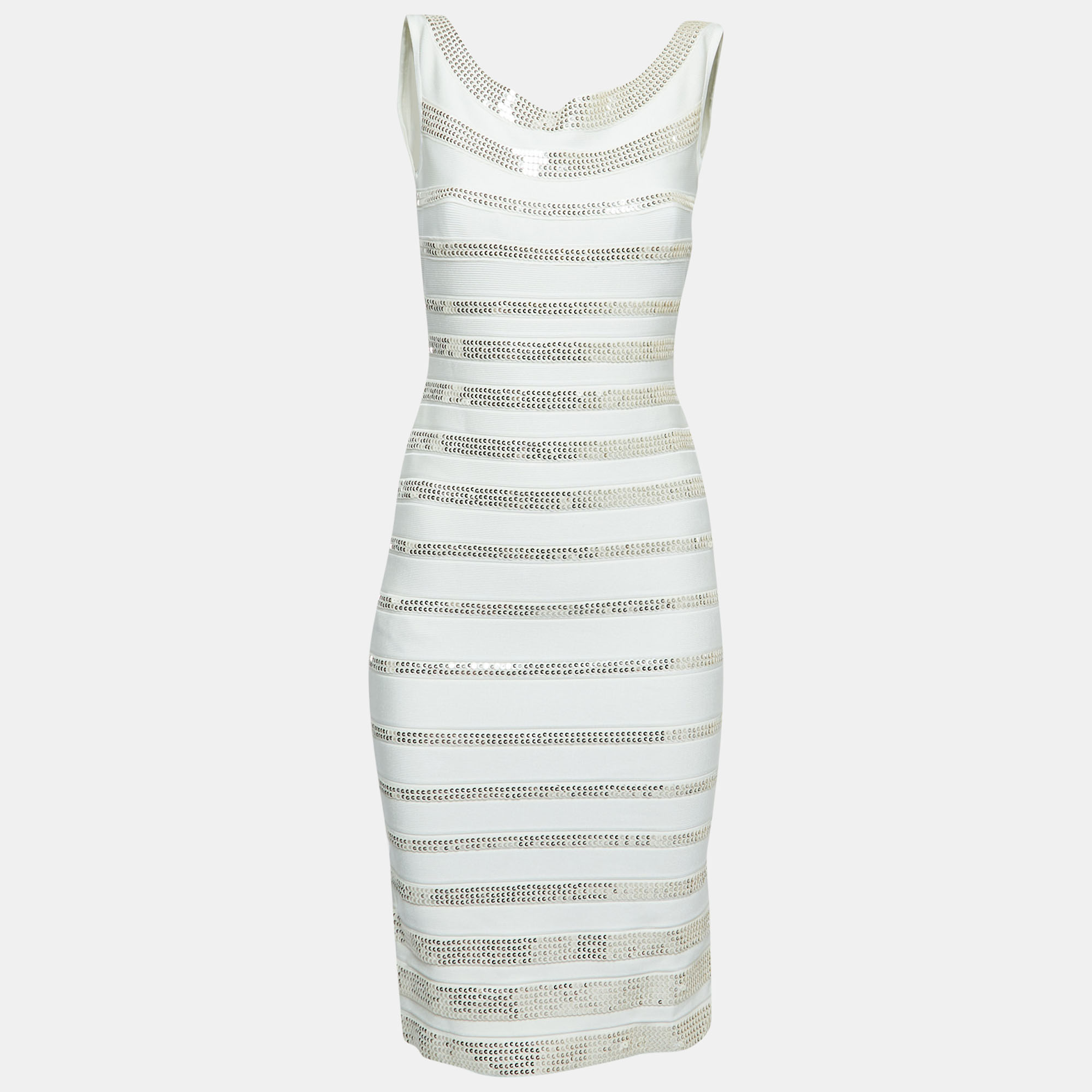 Herve Leger White Striped Sequin-Embellished Bodycon Dress M