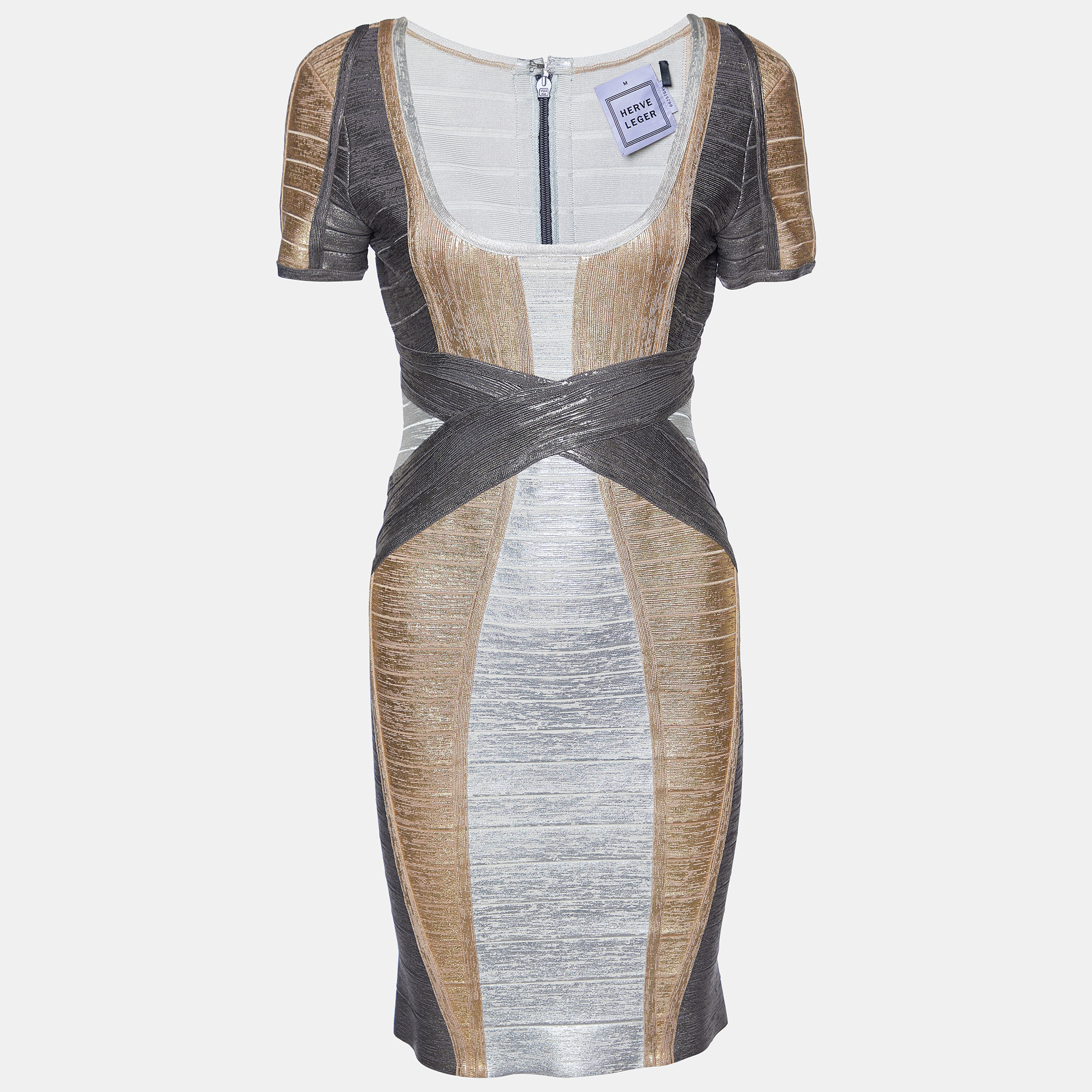 Herve leger metallic foil print knit carolyn bandage dress m