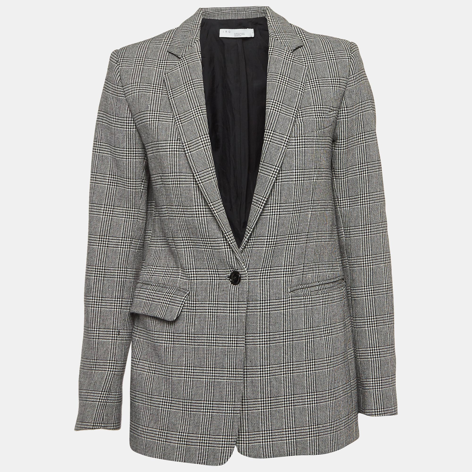 Iro grey black/white checked cotton blend single breasted blazer xs