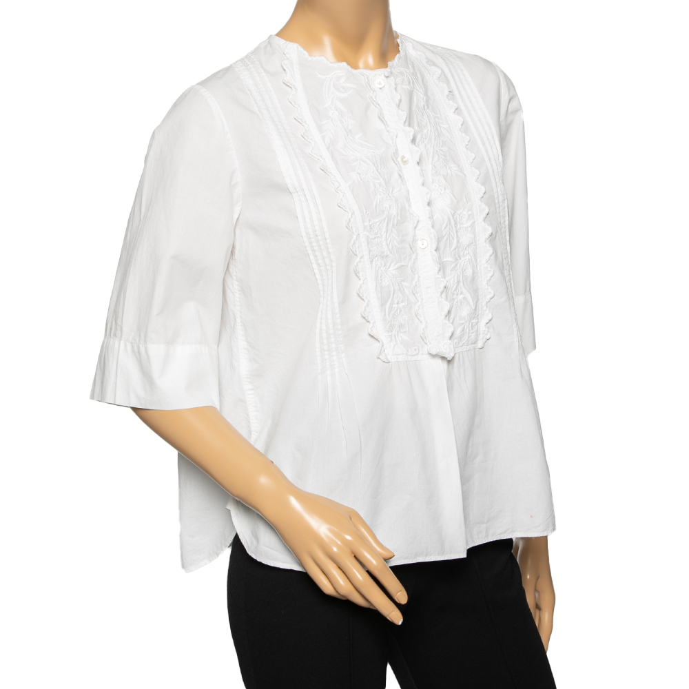 

Isabel Marant Etoile White Cotton Pintuck and Ruffle Detailed Okina Blouse