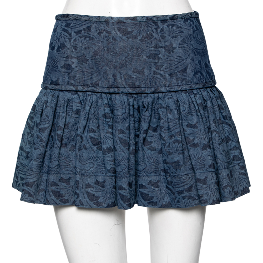 Isabel Marant Etoile Navy Blue Printed Denim Pleated Mini Skirt S