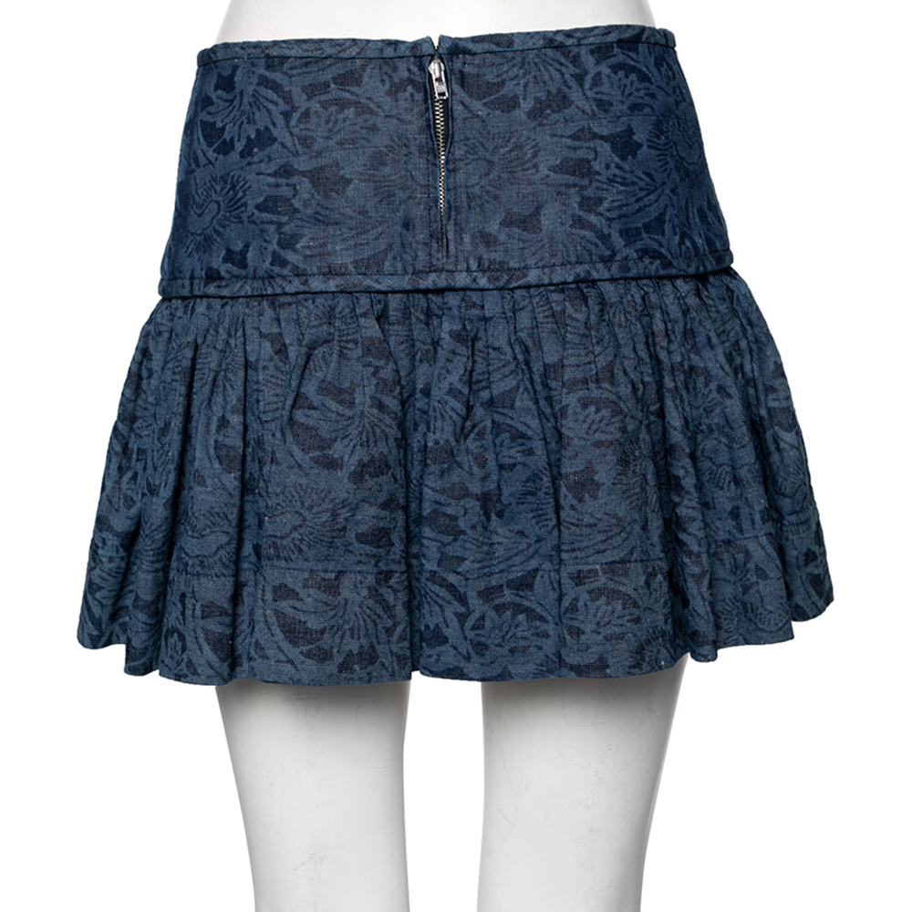 Isabel Marant Etoile Navy Blue Printed Denim Pleated Mini Skirt S