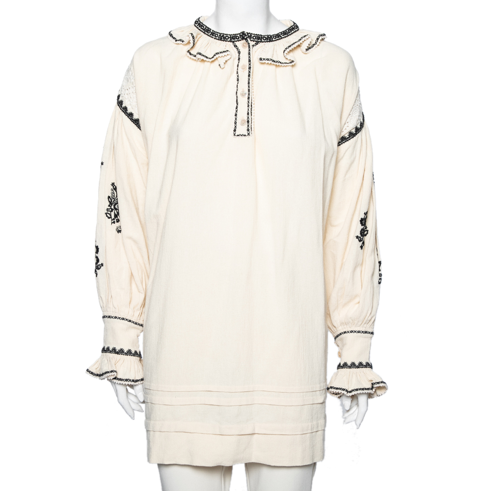 Isabel Marant Etoile Off White Embroidered Ruffled Oversized Top S