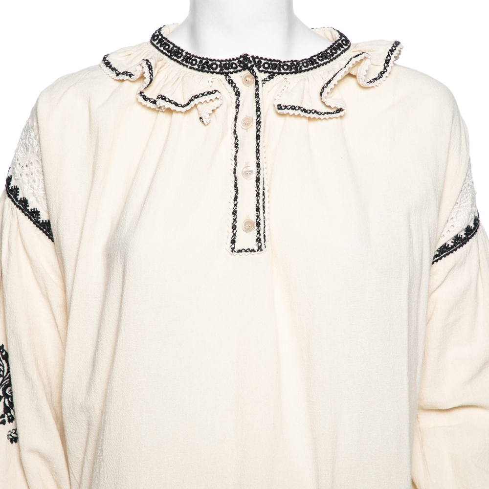 Isabel Marant Etoile Off White Embroidered Ruffled Oversized Top S