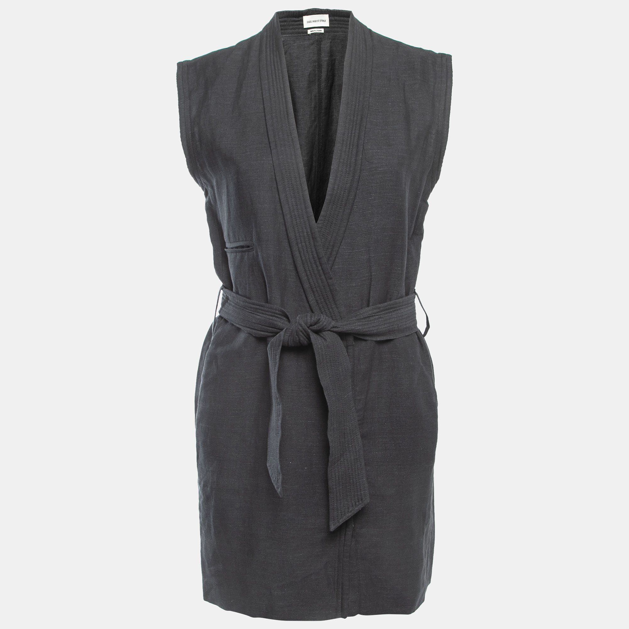 Isabel Marant Etoile Black Grey Linen Belted Sleeveless Mini Dress XS