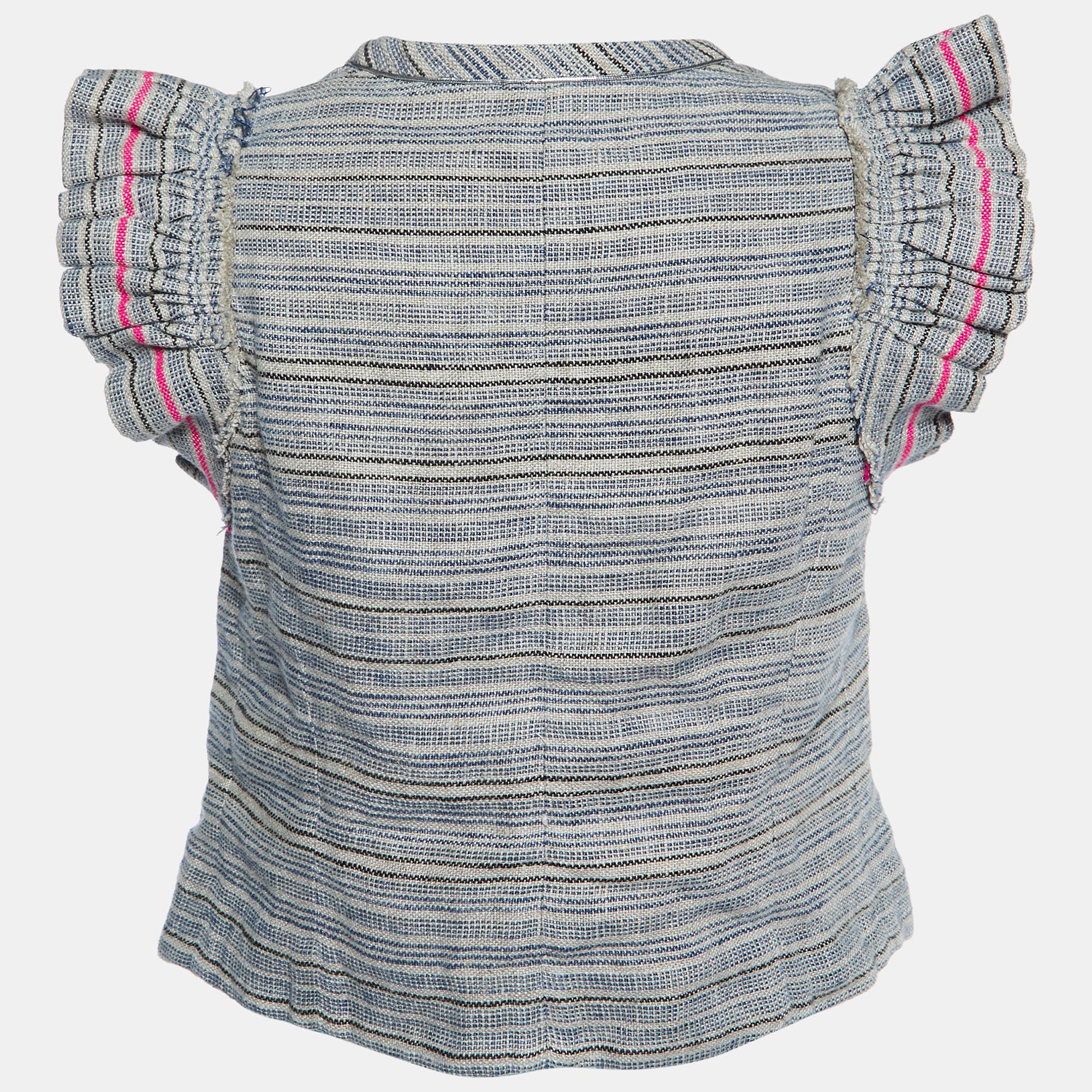 Isabel Marant Grey Stripe Linen Flutter Sleeve Crop Top XS