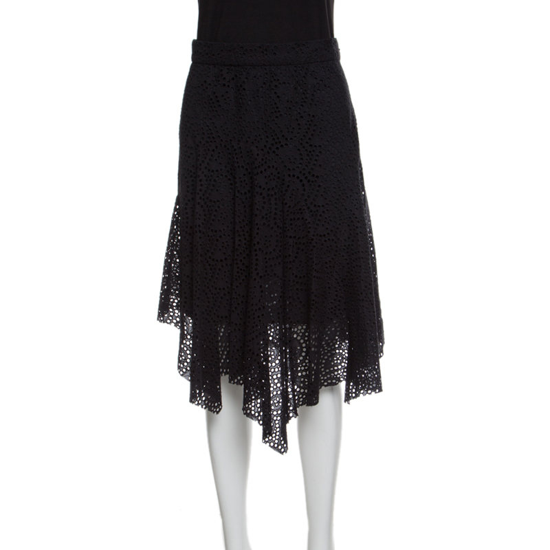 Image of Isabel Marant Black Eyelet Embroidered Cotton Asymmetric Skirt M