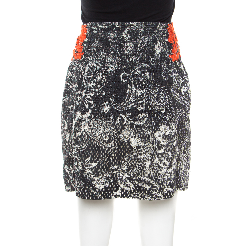 Isabel Marant Black And Red Eyelet Embroidered Cotton Tie Up Detail Pleated Skirt S