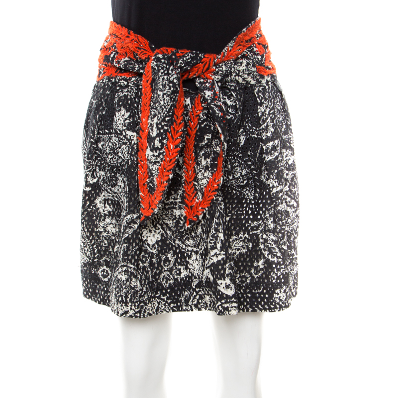 Isabel marant black and red eyelet embroidered cotton tie up detail pleated skirt s