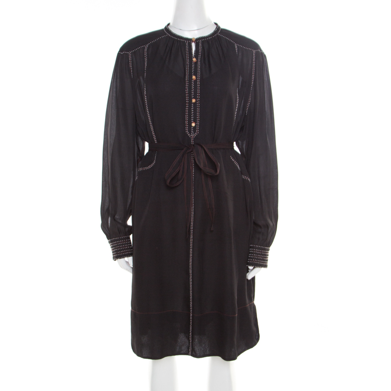Image of Isabel Marant Black Silk Beaded Belted Long Sleeve Dress M