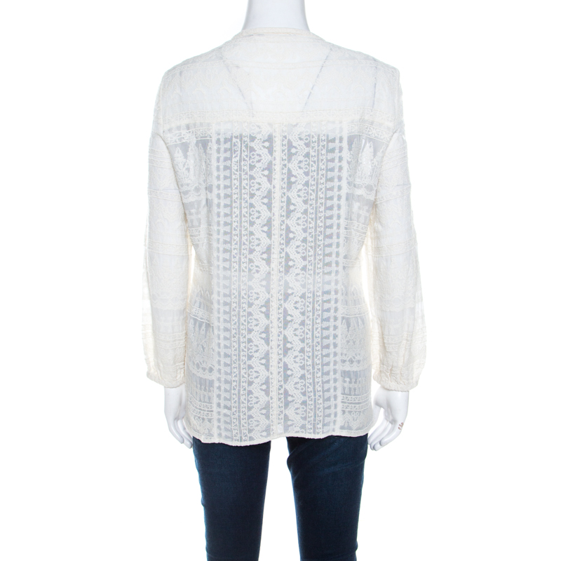Isabel Marant Off White Embroidered Voile Long Sleeve Shirt M