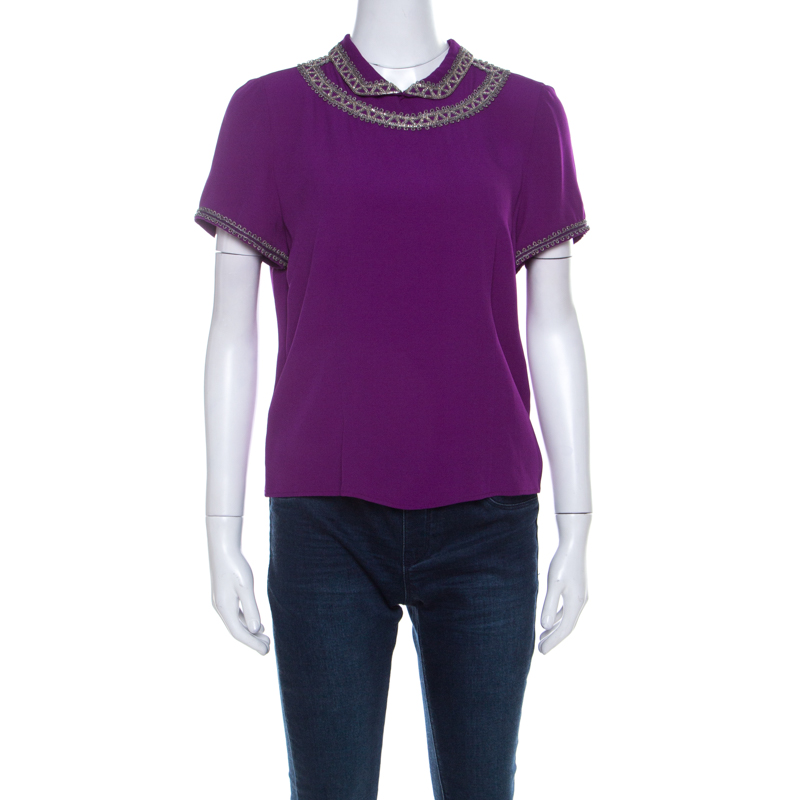 Isabel Marant Purple Silk Embellished Collar Half Sleeve Top L