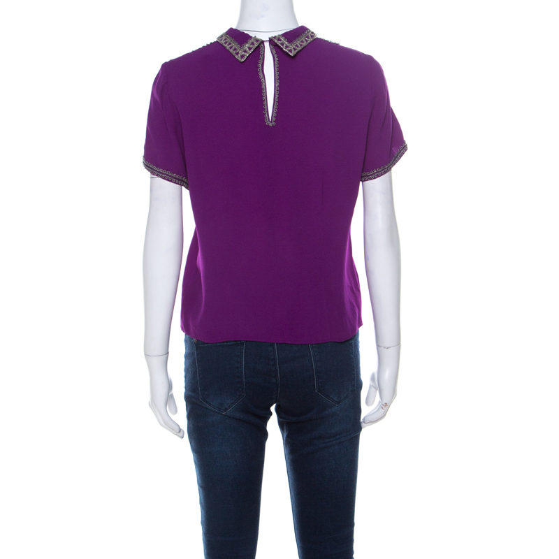 Isabel Marant Purple Silk Embellished Collar Half Sleeve Top L