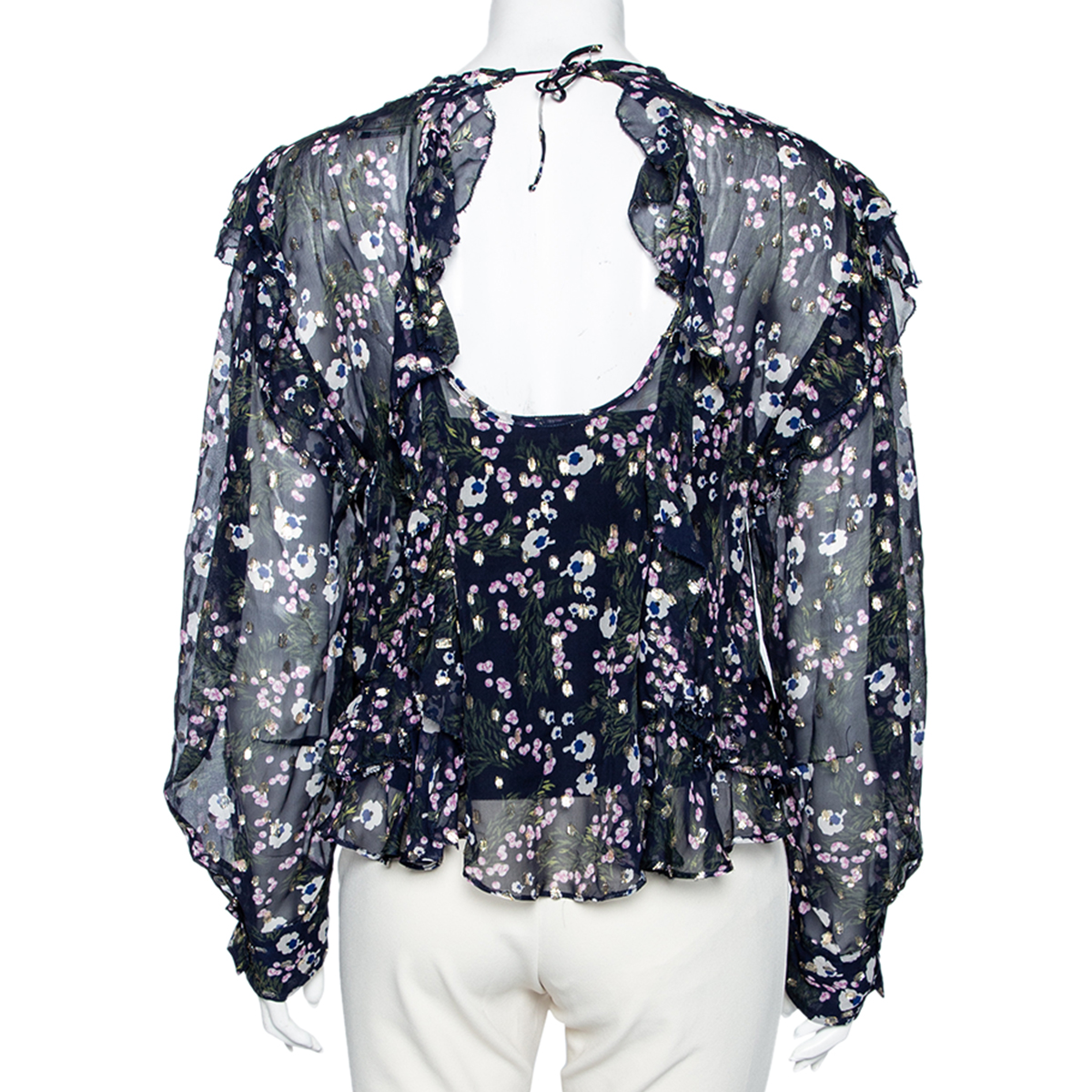 Isabel Marant Navy Blue Floral Printed Silk & Lurex Ruffle Trimmed Blouse S