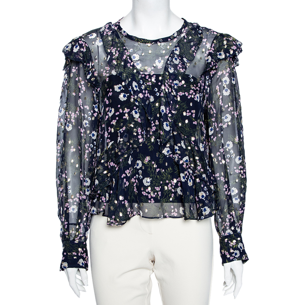 Isabel marant navy blue floral printed silk & lurex ruffle trimmed blouse s