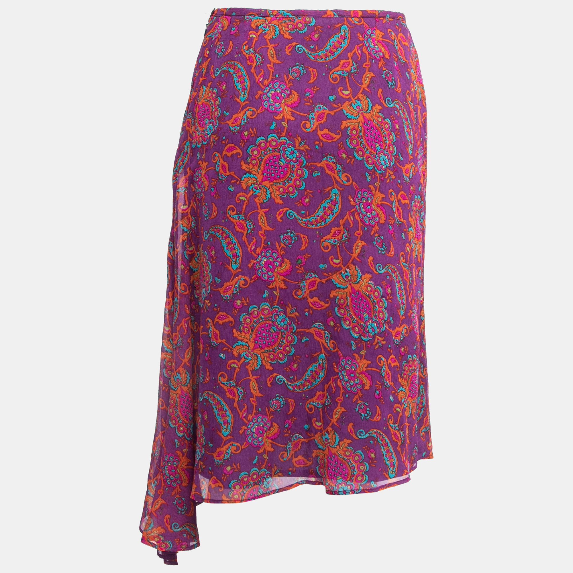 Isabel Marant Purple Printed Silk Chiffon Ruffle Detail Midi Skirt M