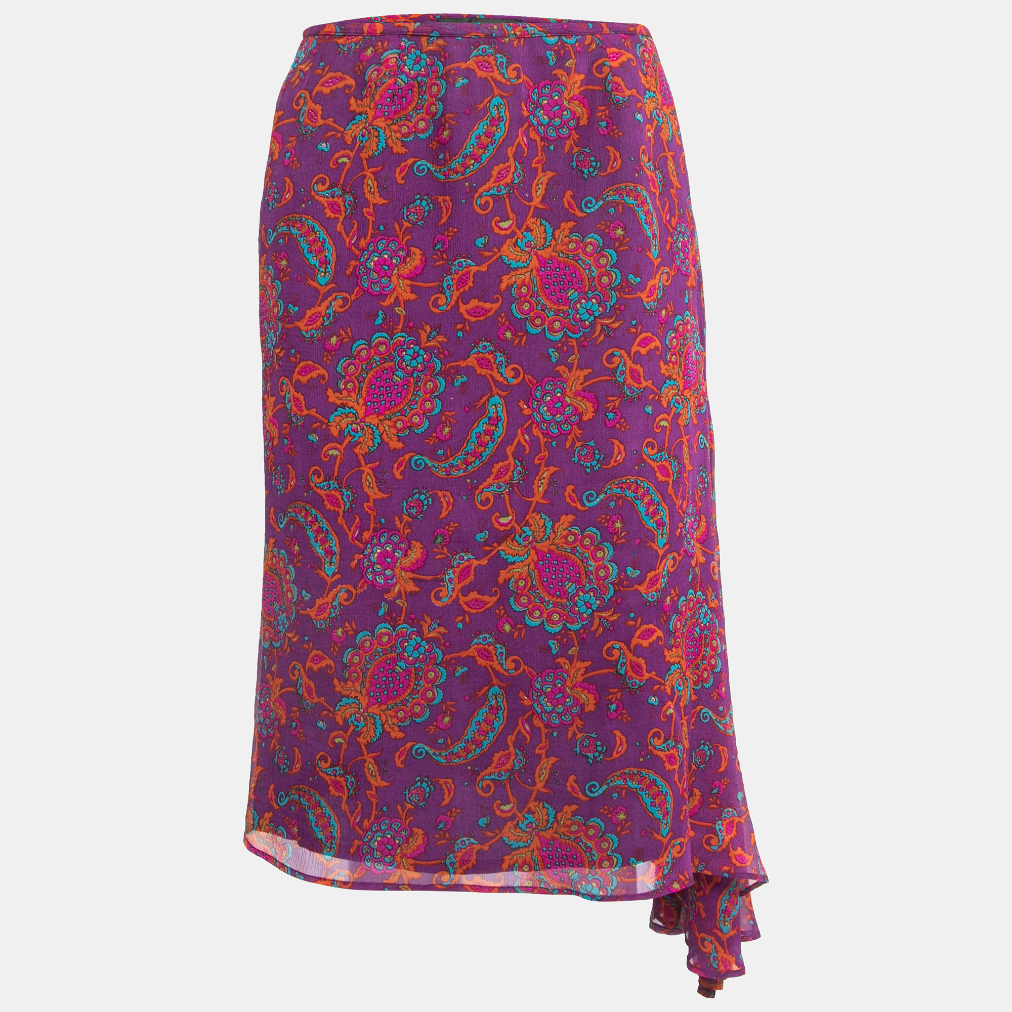 Isabel Marant Purple Printed Silk Chiffon Ruffle Detail Midi Skirt M