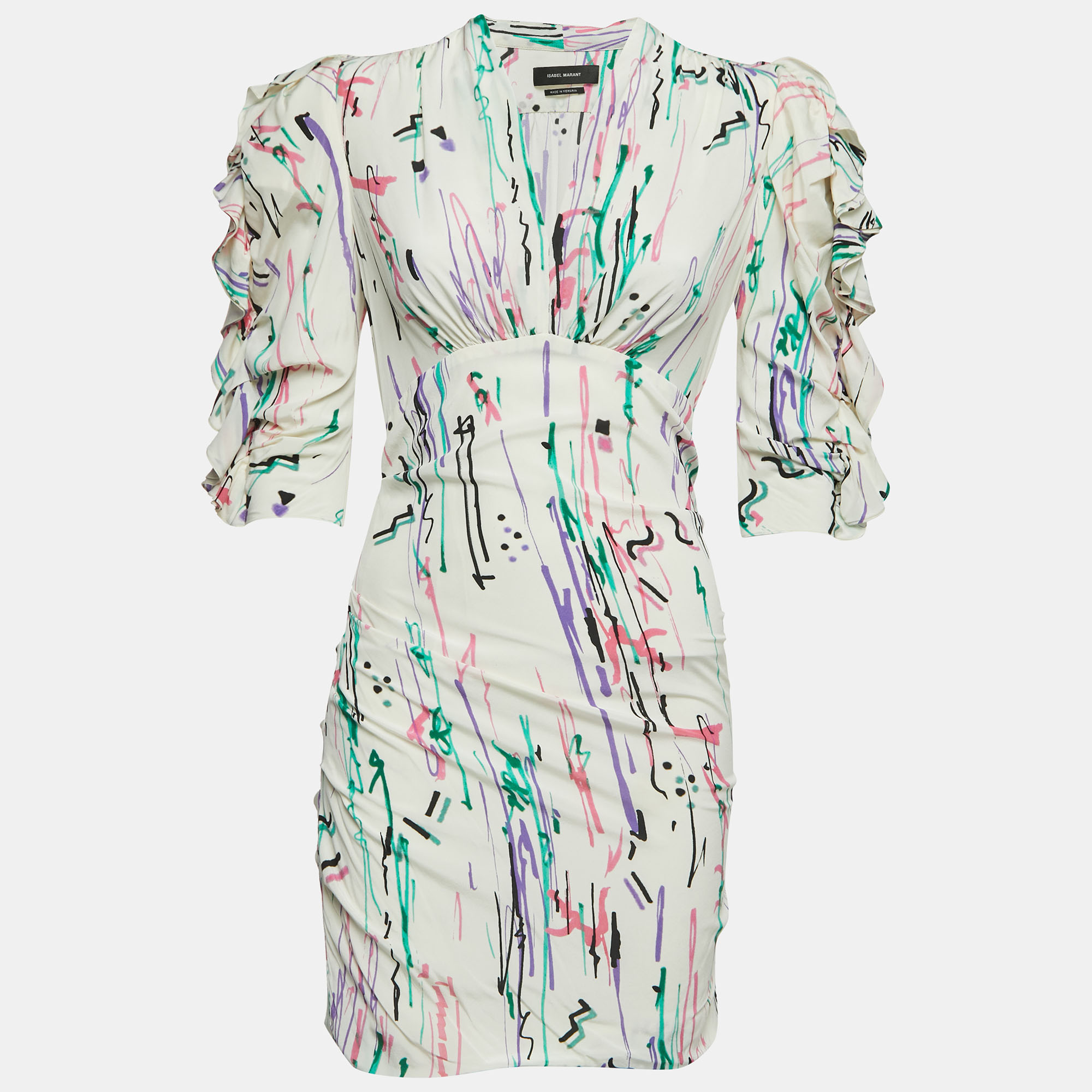 Isabel marant multicolor abstract print stretch silk ruched mini dress s