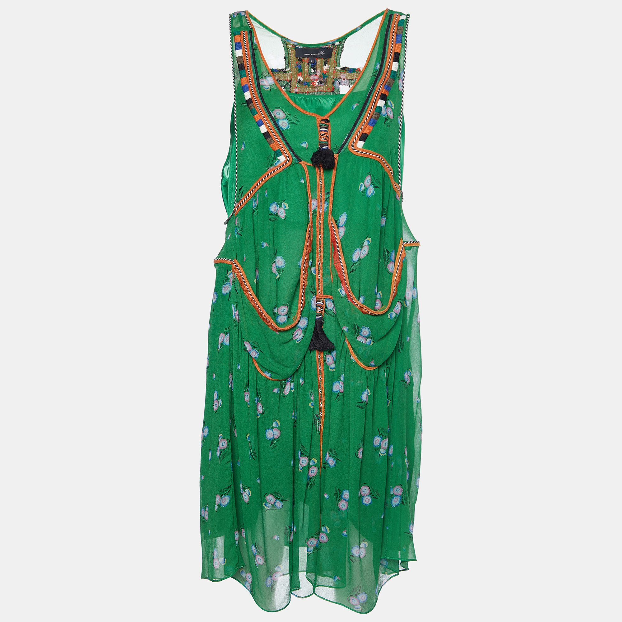 Isabel Marant Green Floral Printed Silk Chiffon Sleeveless Mini Dress S