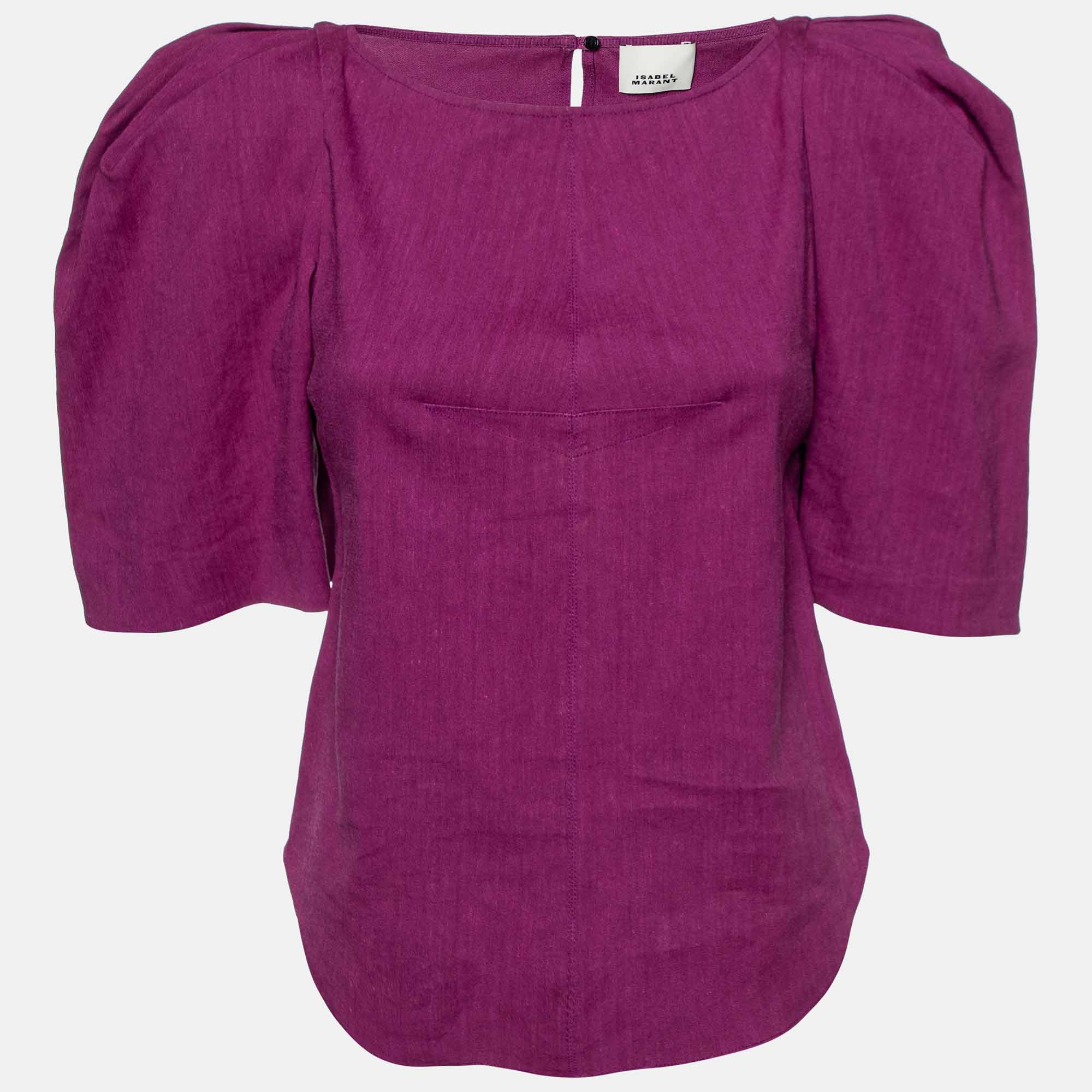 

Isabel Marant Purple Linen Blend Fergyo Puff Sleeve Top