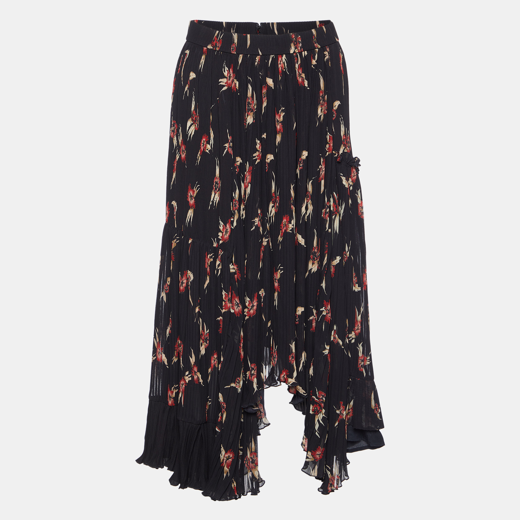 Isabel marant black floral print crepe pleated midi skirt s