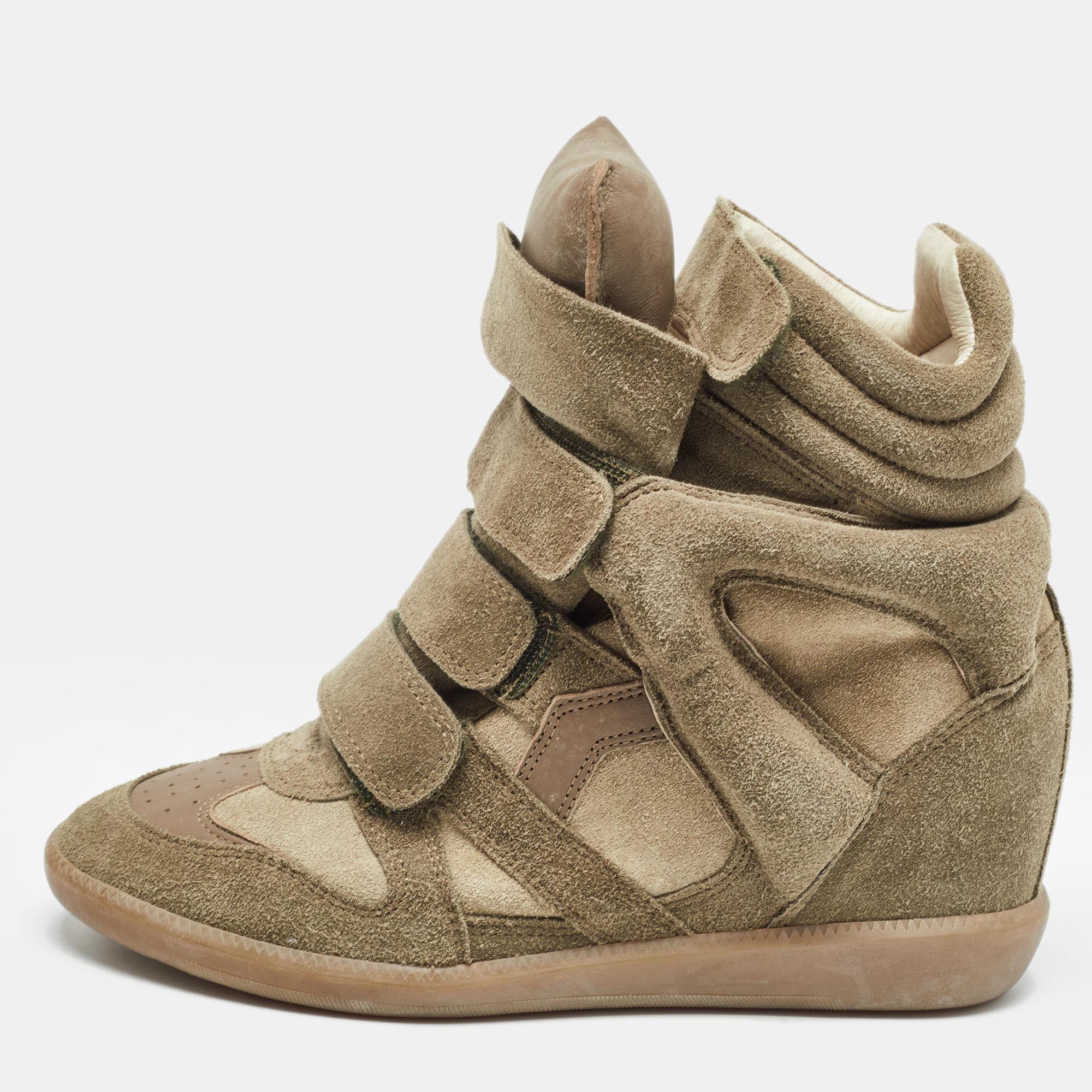 Isabel marant olive green/brown suede and leather bekett wedge high top sneakers size 38