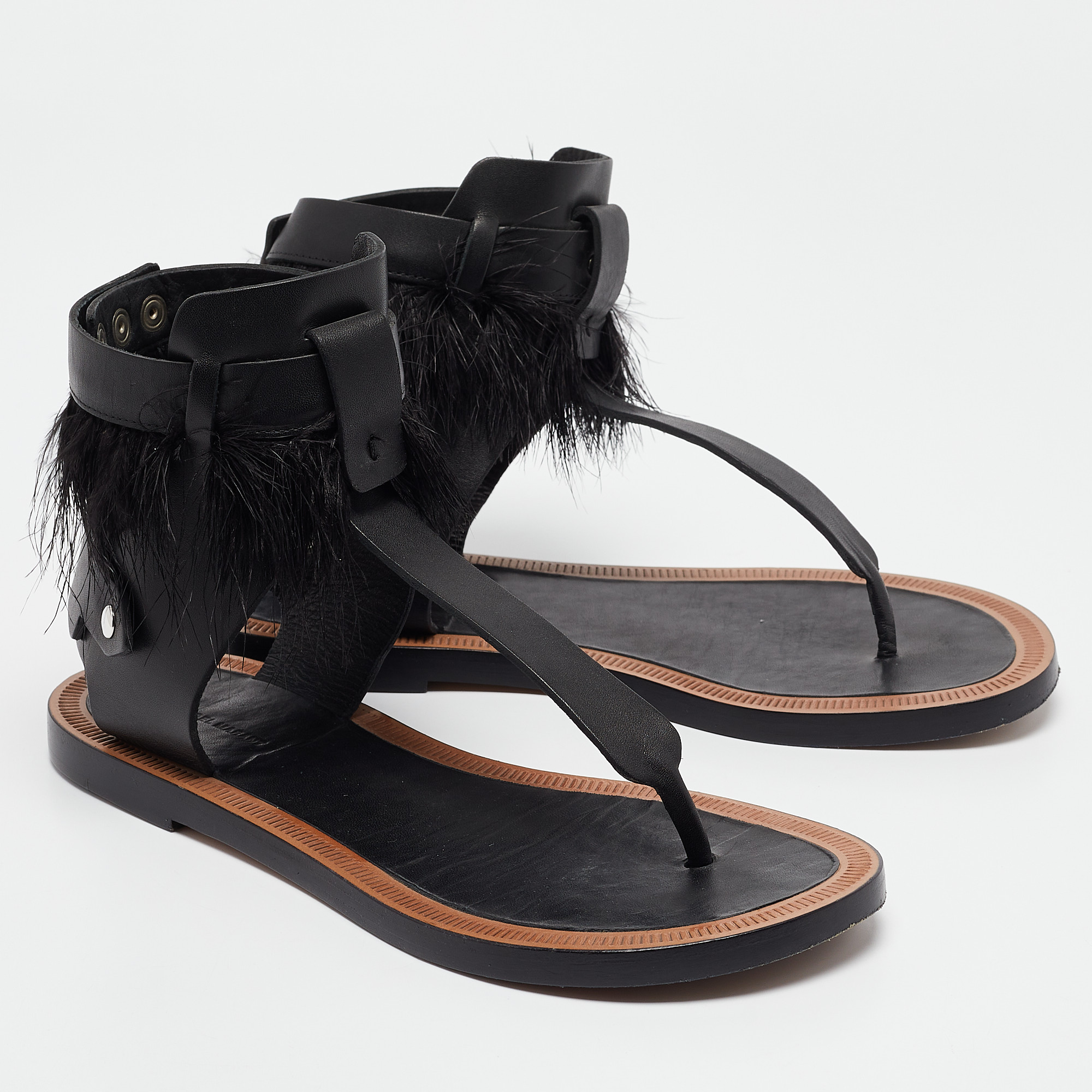 Isabel Marant Black Leather And Feather Trim T-Strap Sandals Size 38