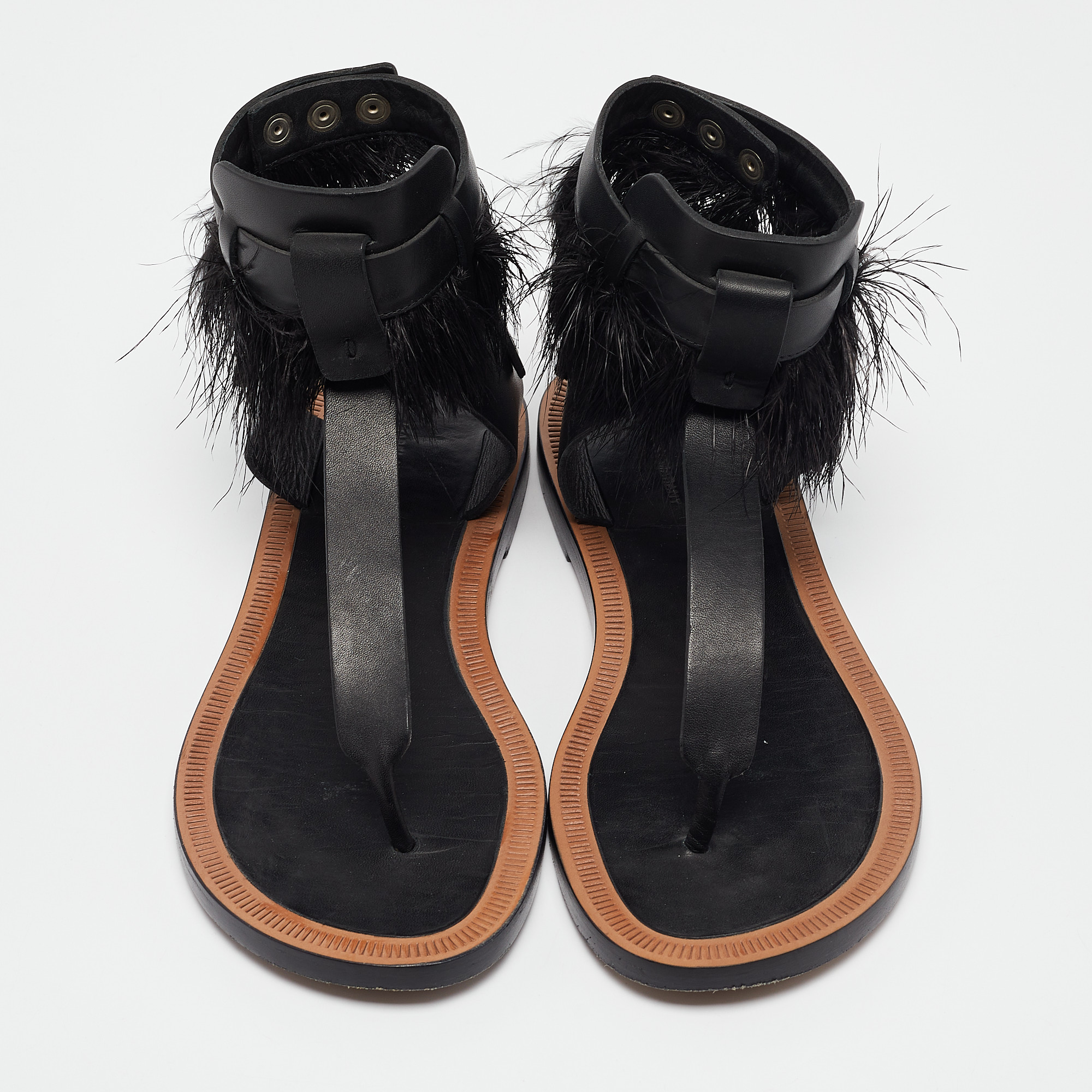 Isabel Marant Black Leather And Feather Trim T-Strap Sandals Size 38