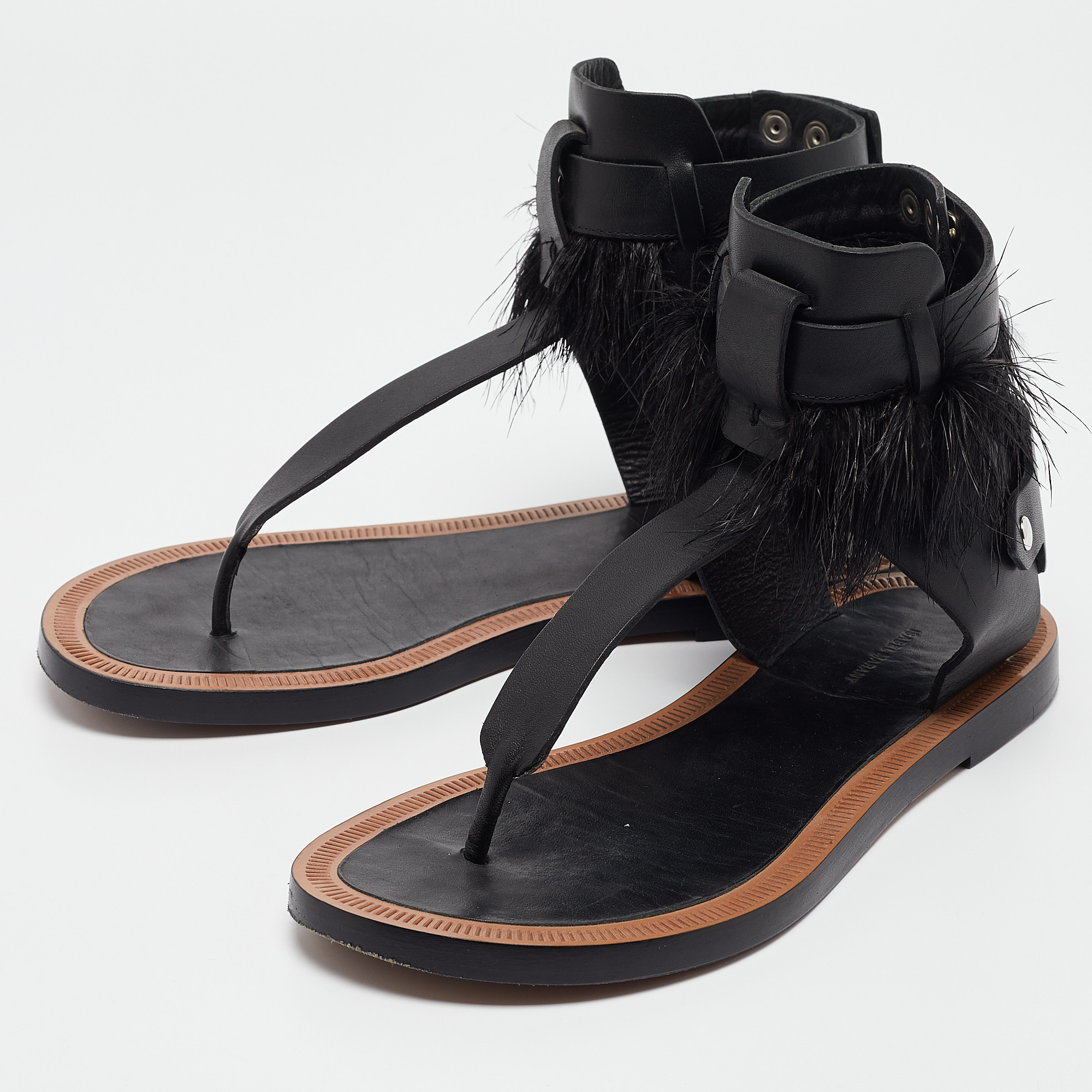 Isabel Marant Black Leather And Feather Trim T-Strap Sandals Size 38