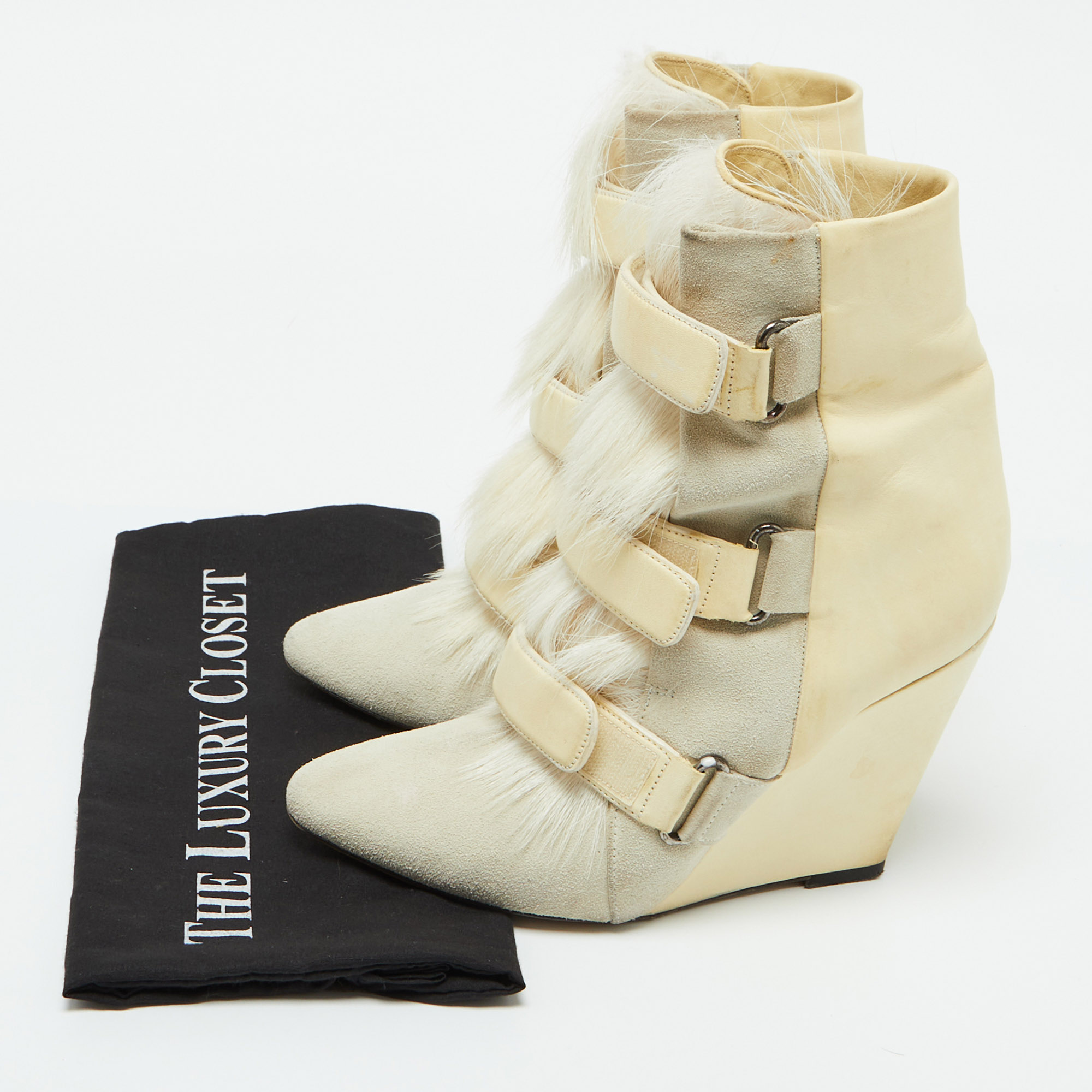 Isabel Marant Cream Leather, Suede And Calf Hair Scarlet Wedge Ankle Boots Size 40