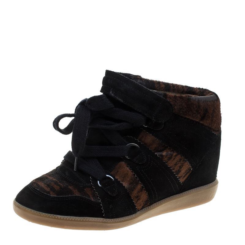 Image of Isabel Marant Black Printed Ponyskin and Suede Blossom Lace Up Wedge Sneakers Size