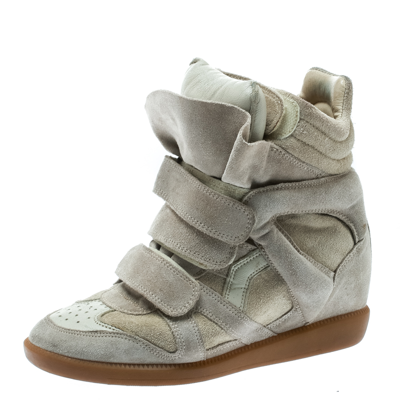 Image of Isabel Marant Beige Suede Bekett Wedge Sneakers Size