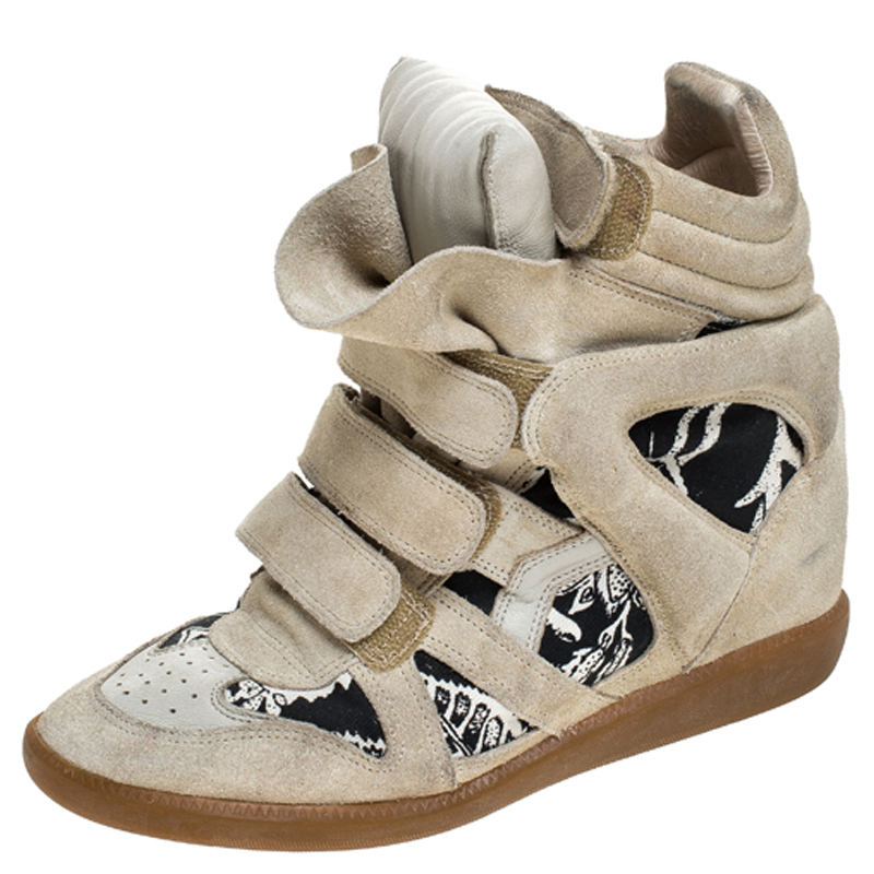 Image of Isabel Marant Beige Printed Canvas and Suede Bekett Wedge Sneakers Size