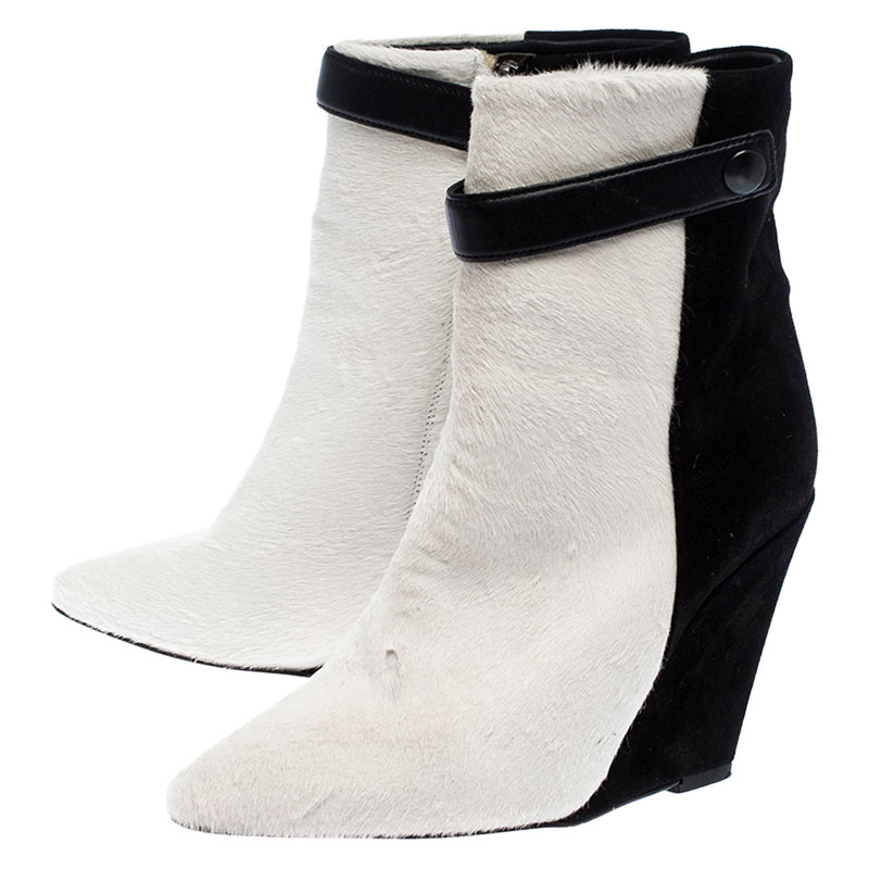 Isabel Marant Black/White Pony Hair And Suede Wedge Ankle Boots Size 38
