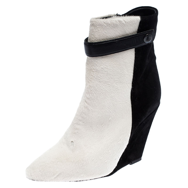 Isabel marant black/white pony hair and suede wedge ankle boots size 38