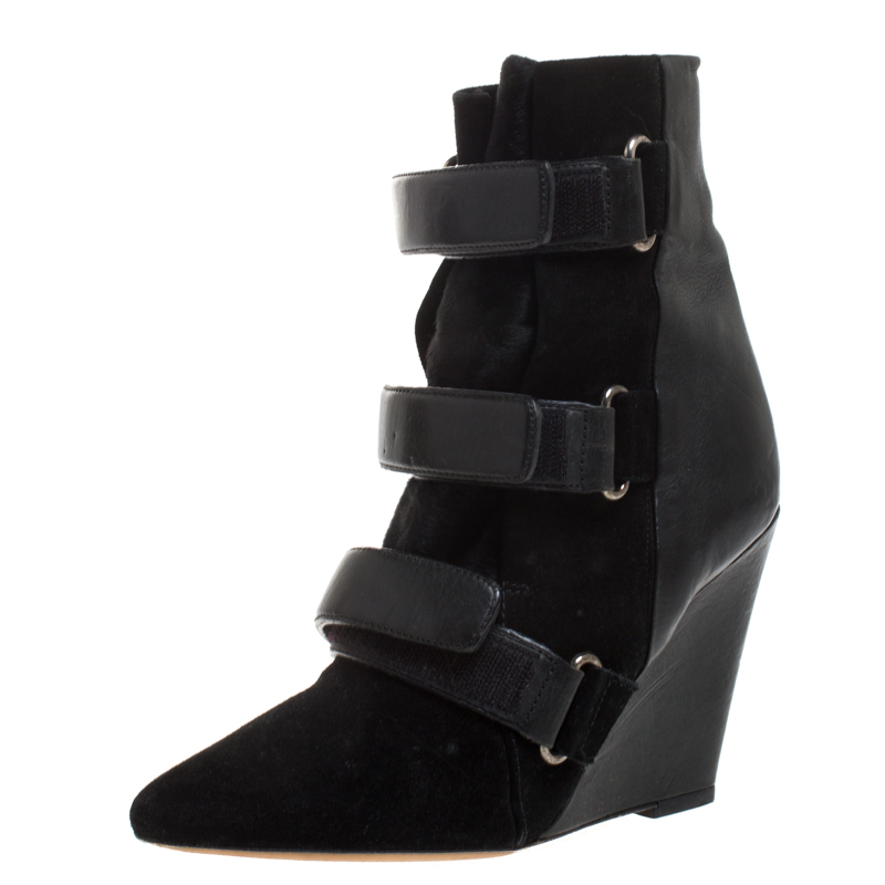Image of Isabel Marant Black Suede and Leather Scarlet Wedge Boots Size