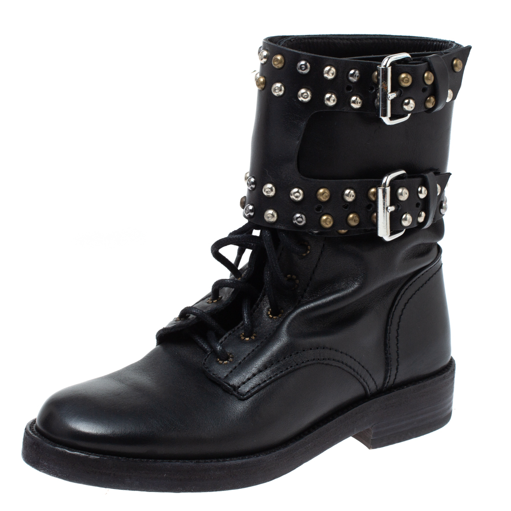 Image of Isabel Marant Black Leather Teylon Studded Ankle Boots Size