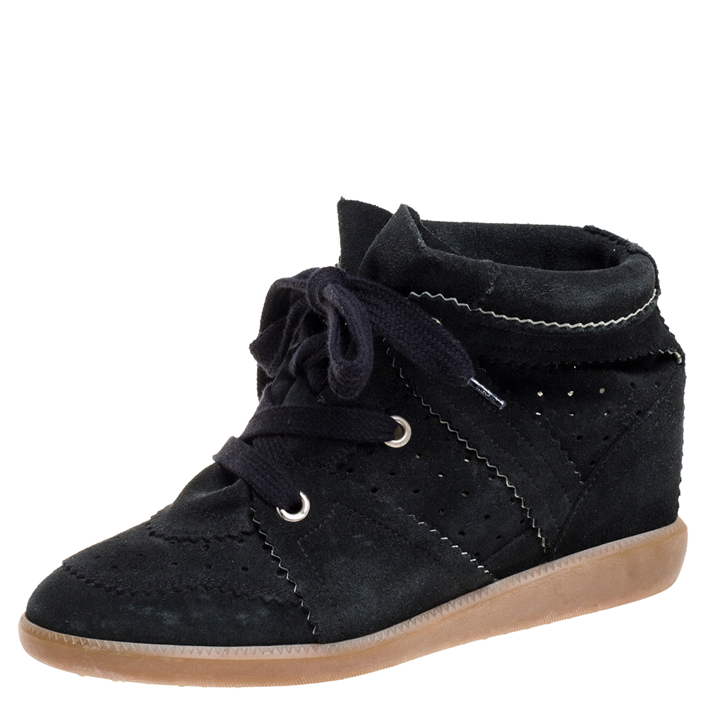 Image of Isabel Marant Black Suede Bobby Lace Up Wedge Sneakers Size