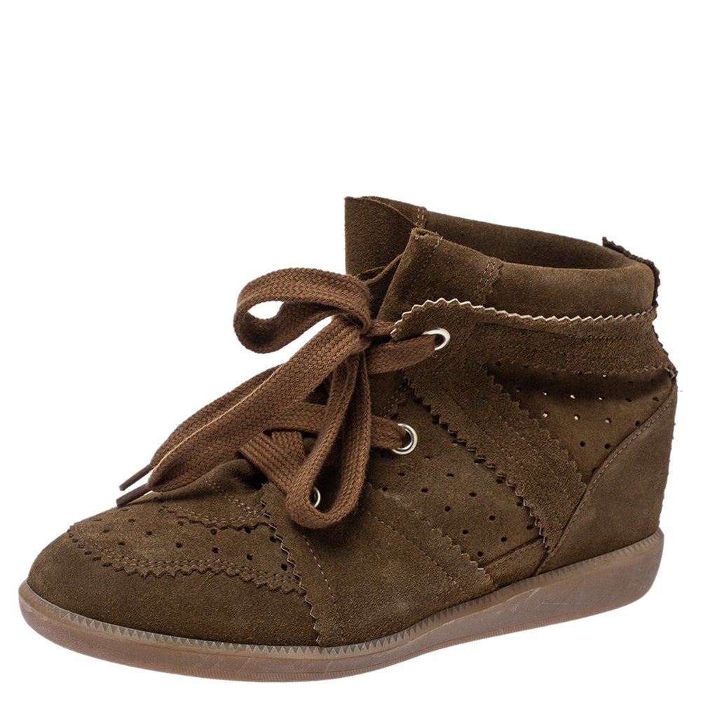 Image of Isabel Marant Brown Suede Leather Bobby Wedge Lace Up Sneakers Size