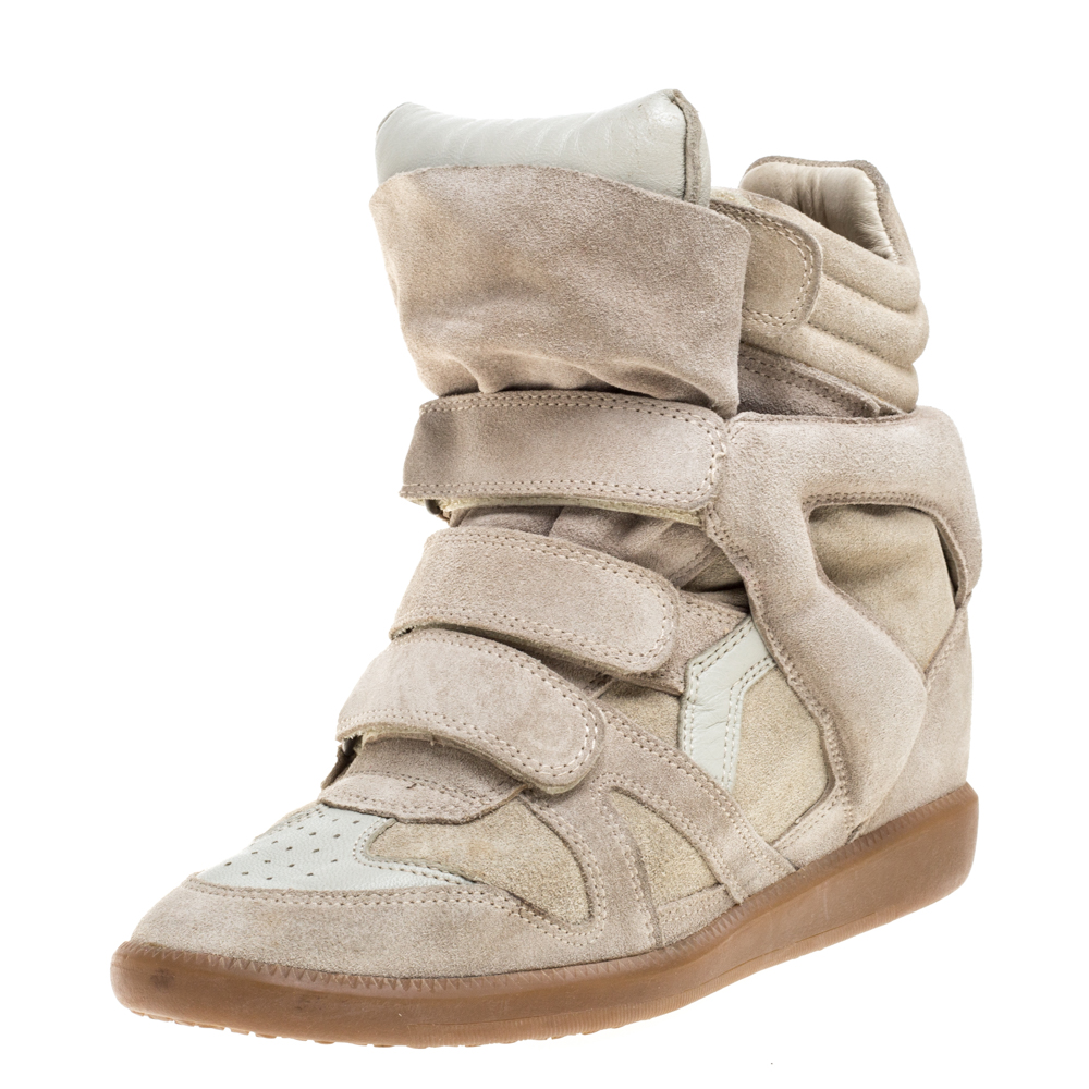 Image of Isabel Marant Beige Suede Leather Bekett Wedge High Top Sneaker Size
