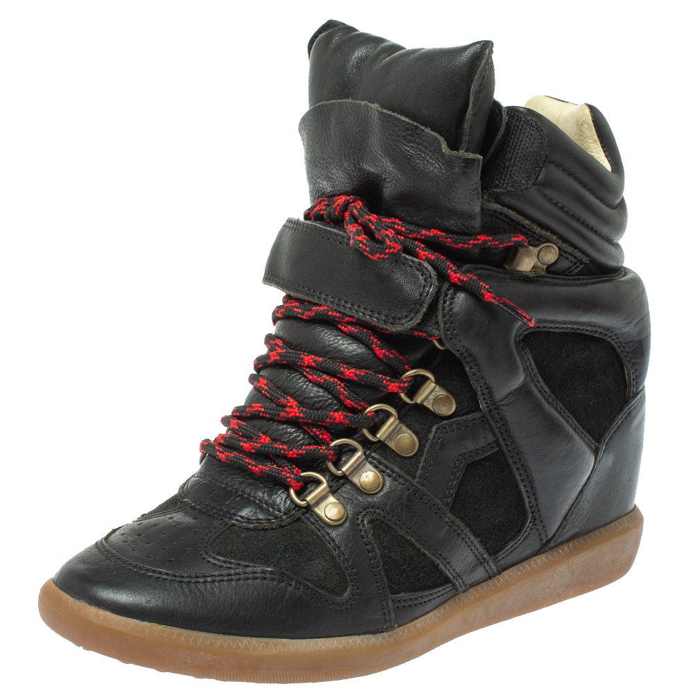 Image of Isabel Marant Black Suede Leather Bekett Wedge High Top Sneakers Size
