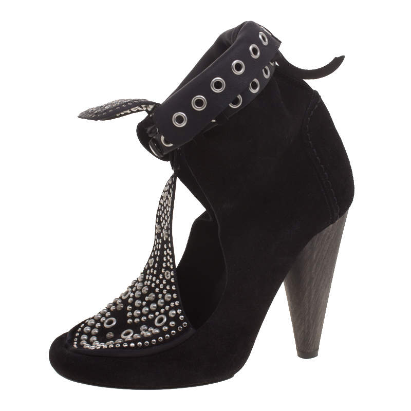 Isabel marant black suede mossa studded cutout ankle boots size 36