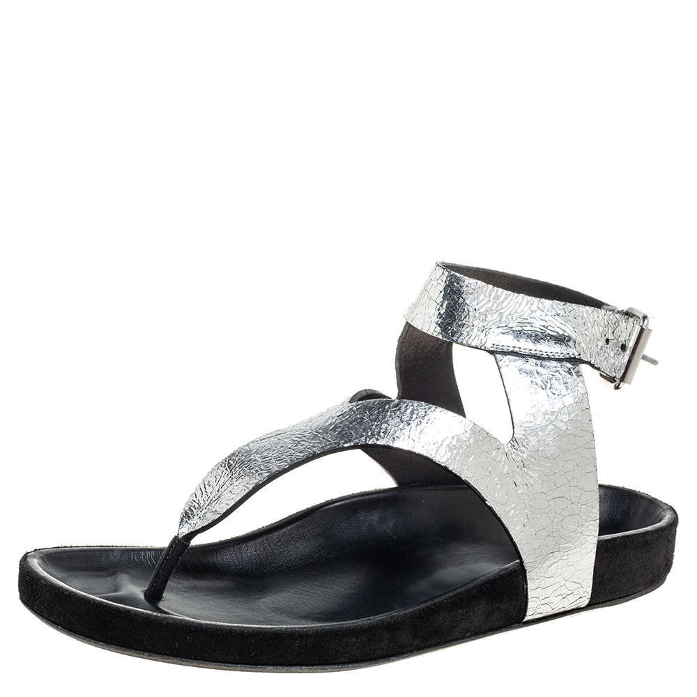Isabel Marant Silver Leather Flat Ankle Strap Sandals Size 41