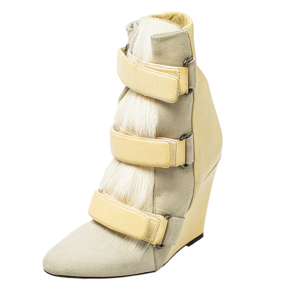 Isabel Marant Cream Leather, Suede, And Calf Hair Pierce Wedge Ankle Boots Size 37