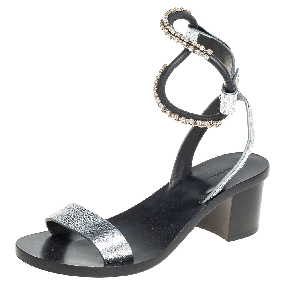 Isabel Marant Silver Crackle Leather Crystal Embellished Ankle Strap Sandals Size 37