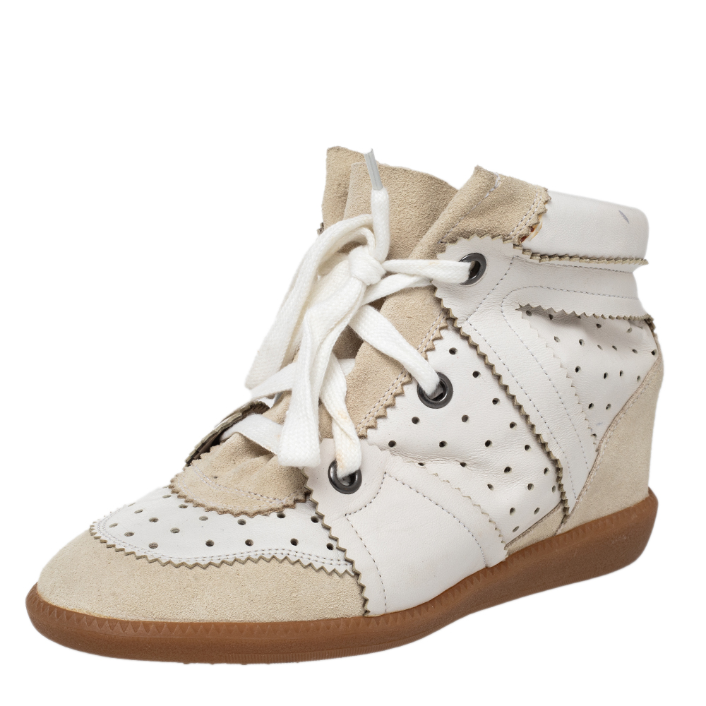 Isabel Marant White/Grey Leather And Suede Bobby Wedge Sneakers Size 39
