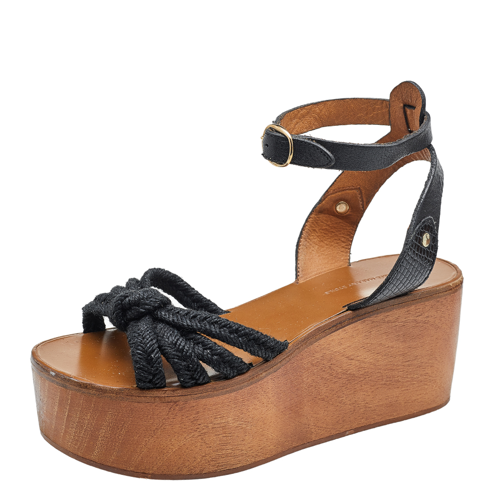 Isabel marant black jute and leather knotted wedge platform ankle strap sandals size 36